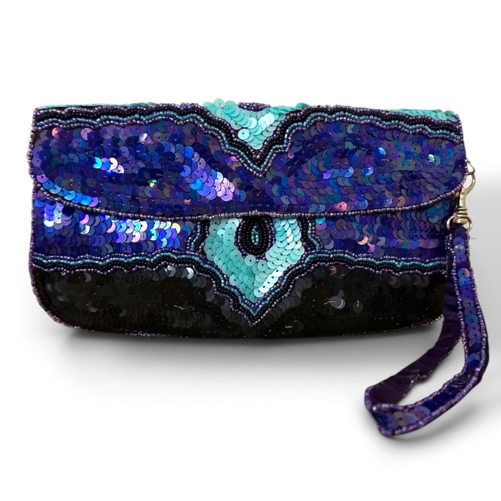 New Y2K Vintage Sequin Clutch Bag Peacock Blue Teal Iridescent Evening Wristlet